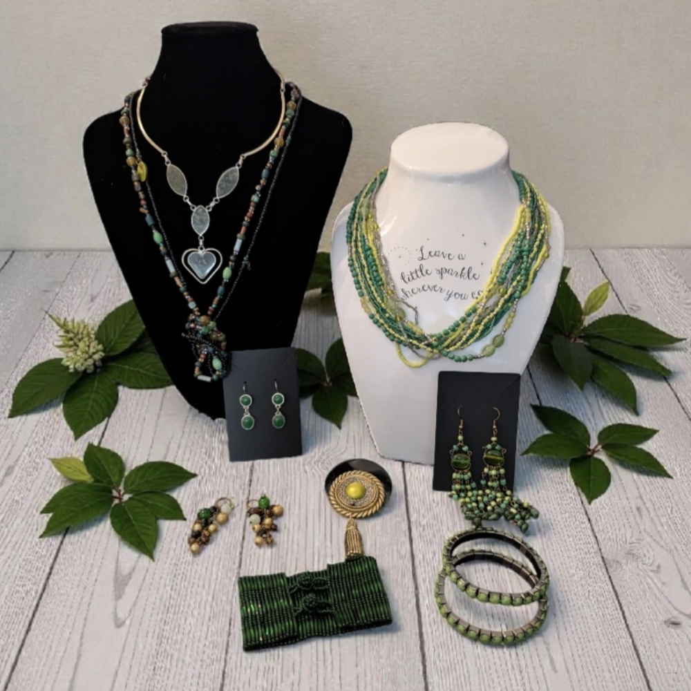 Vintage Bohemian BOHO Green Theme Jewelry Lot - Necklace, Bracelet & Earrings